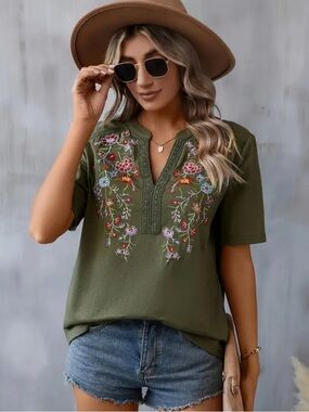 Embroidered Olive Green Women's V-Neck Top